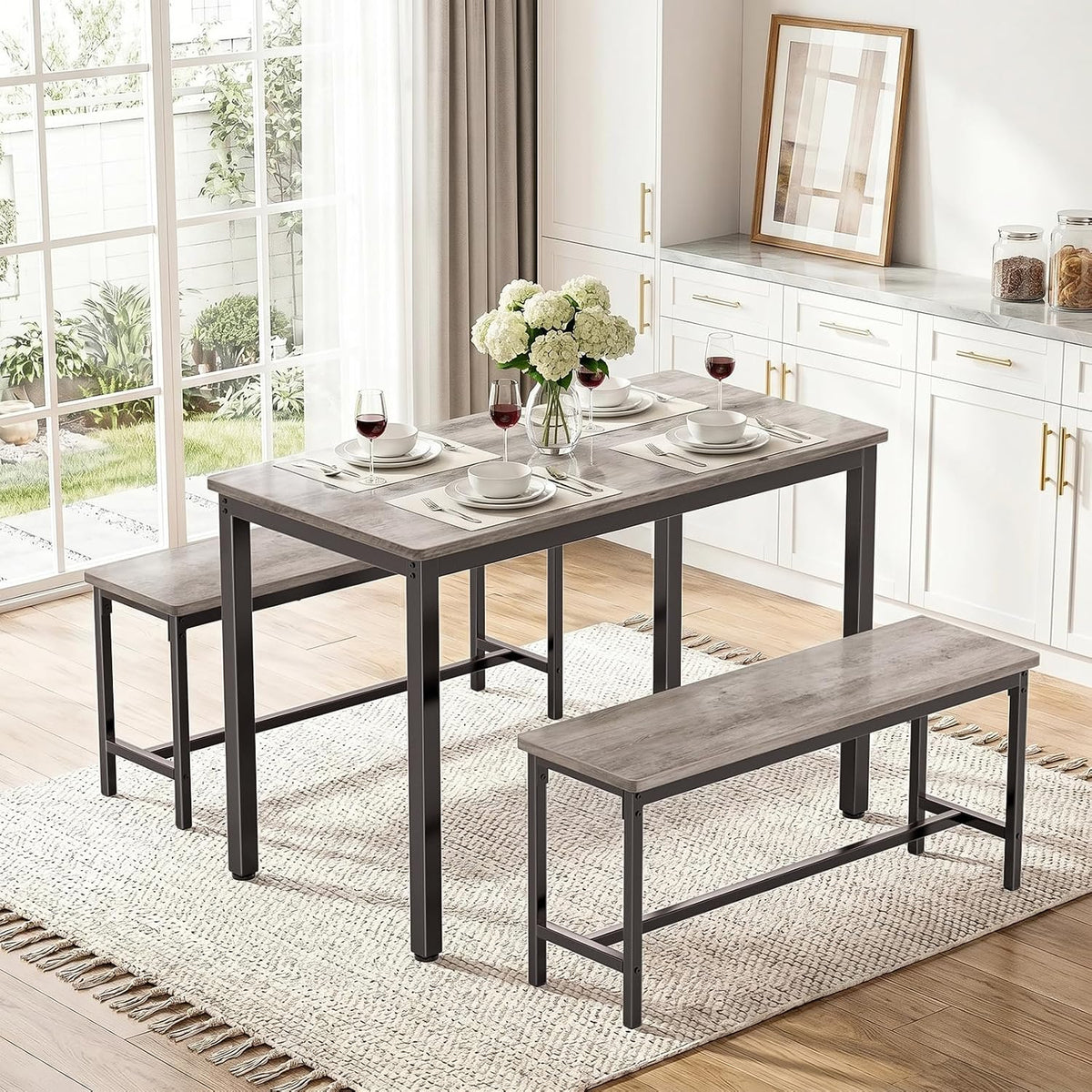 Dining Table Set for 4, Kitchen Table with 2 Benchs, Grey | Modern Functional 3 Piece Space-Saving Dining Room Table Set for Apartment, Breakfast Nook, Small Space