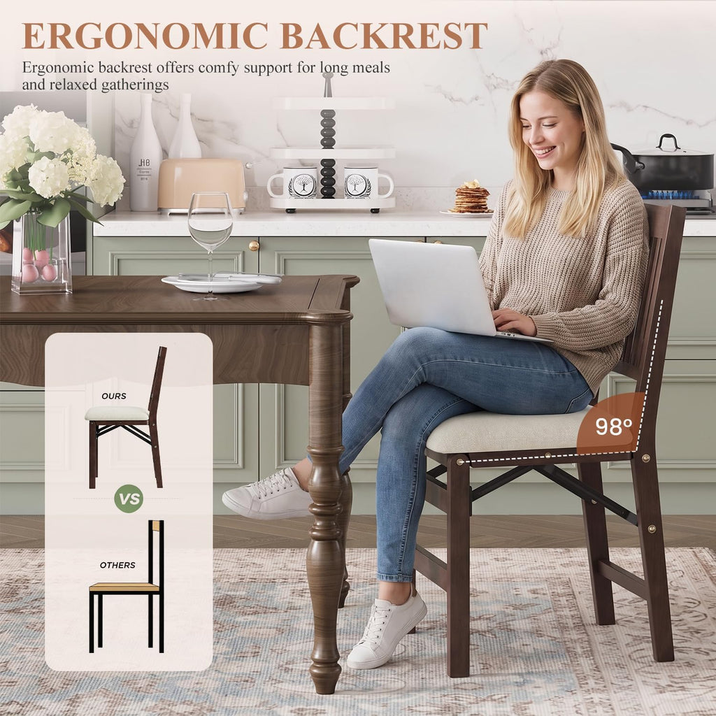 Folding Wood Dining Chairs Set of 2 – No Assembly, Beige Fabric Cushion