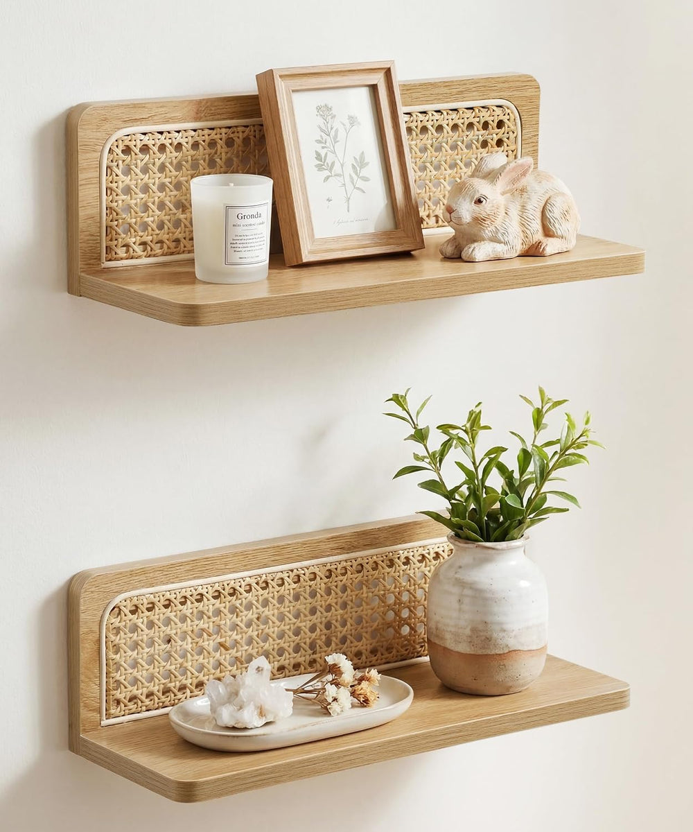 Rattan Wall Shelf, Boho Wood Floating Shelves, 16 Inch