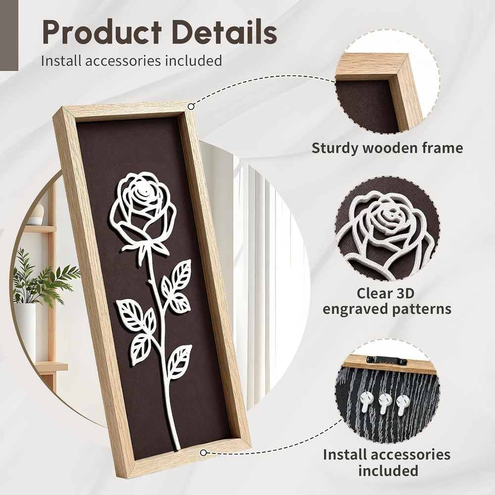 3D Wooden Floral Framed Wall Art Set of 4,16x7 Inch Boho Wall Decor