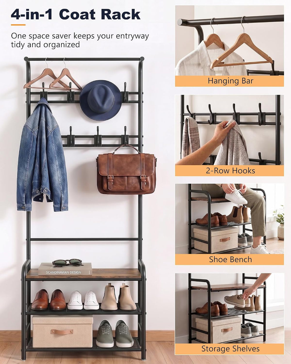 Hall Tree with Shoe Bench, 4-in-1 Entryway Coat Rack