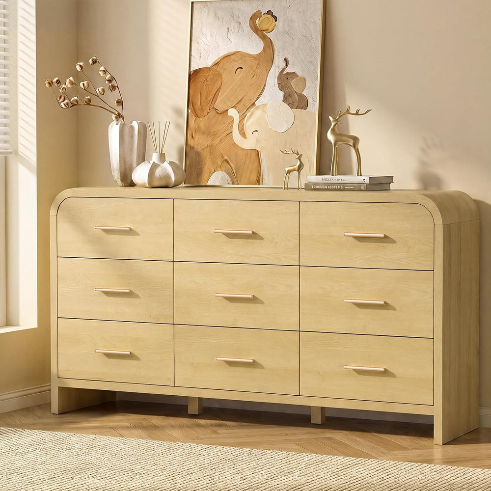 3-Piece Bedroom Set, Curved 9-Drawer Dresser&3-Drawer Nightstands