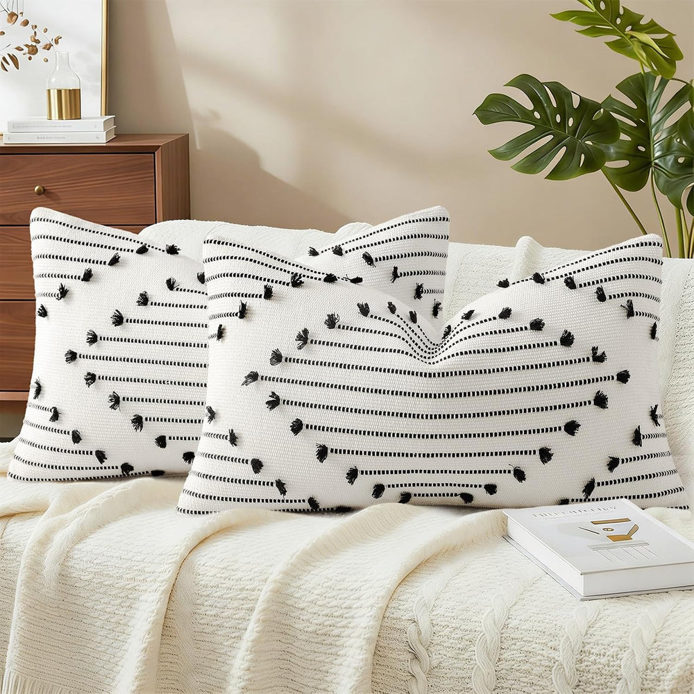 Mecatny Boho Outdoor Throw Pillow Covers 12x20 Set of 2 Black & Cream White