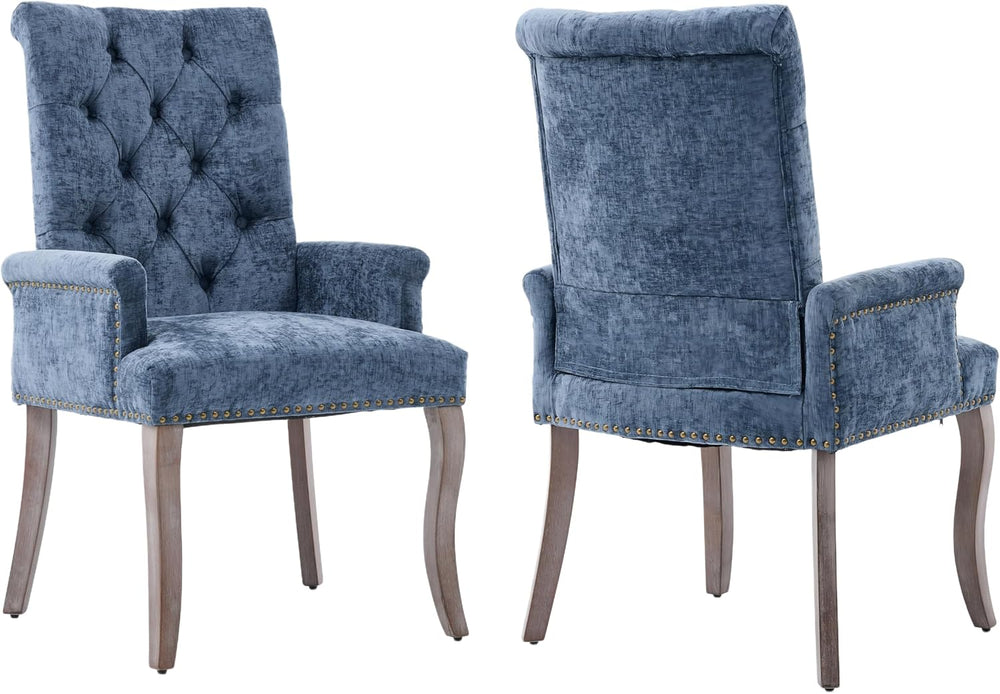 Blue Chenille Dining Chairs Set of 2, Tufted Upholstered Dining Room Chairs