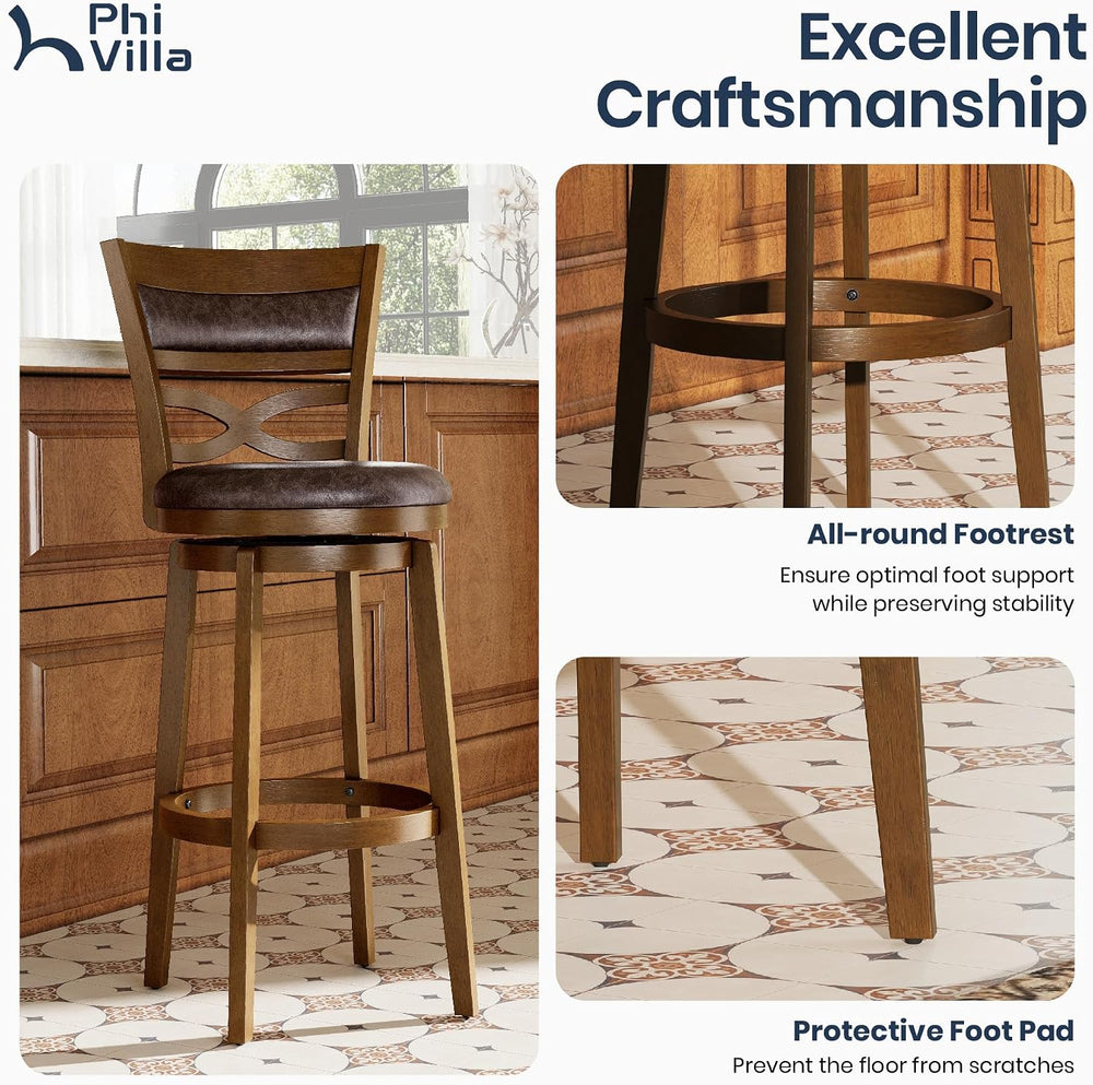 PHI VILLA 30 Inch Bar Height Stools Set of 3, Swivel Barstools with Back