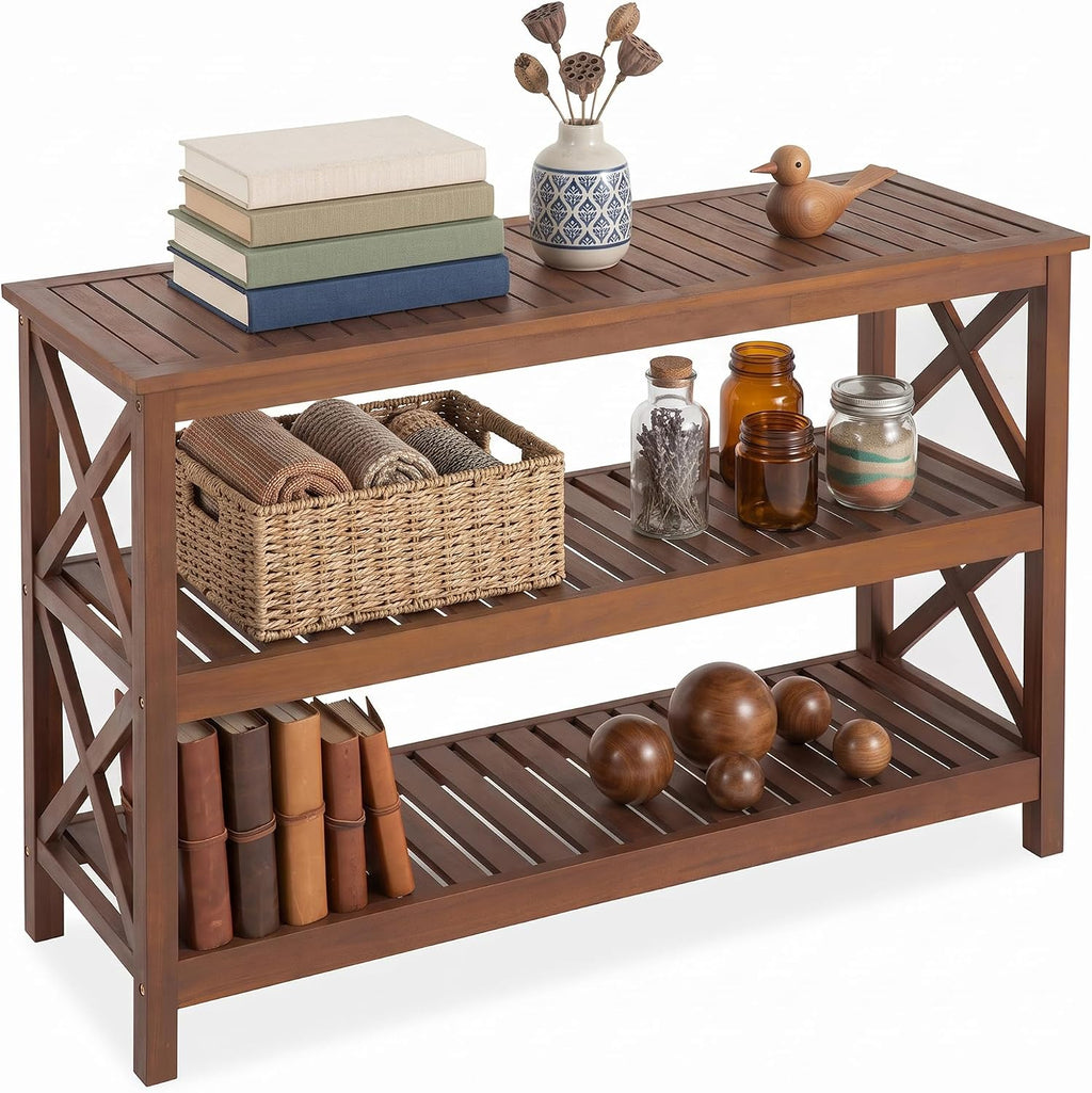 SUPER DEAL 48 in Solid Wood Console Table, 3-Shelf Wooden Outdoor Side Table with Adjustable Feet, Multifunctional Buffet Bar Storage Organizer for Indoor Patio Porch and Entryway, Espresso