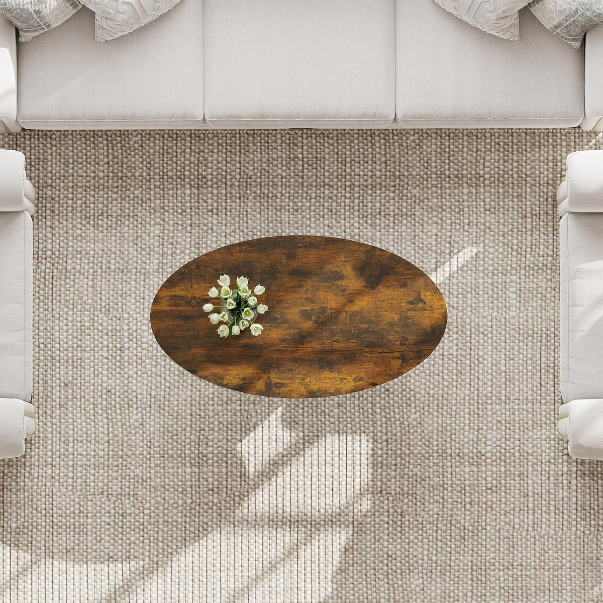 Manora Rustic Small Oval Coffee Table for Living Room, Narrow Wood Center Table with Shelf, Retro Style Coffee Table with Curved Metal Legs, Stable and Easy Assembly, Dark Brown