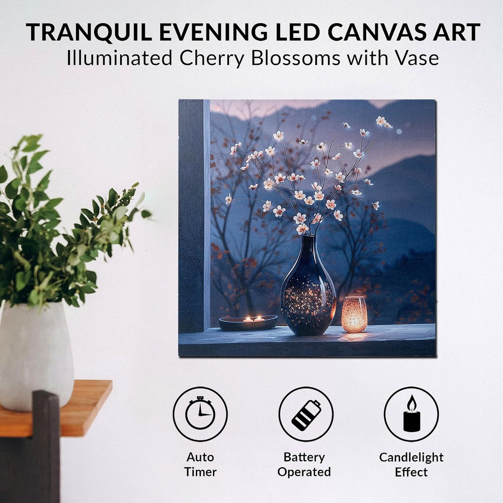 LED Cherry Blossom Vase Canvas Wall Art, Light Up Floral Picture with Black V...