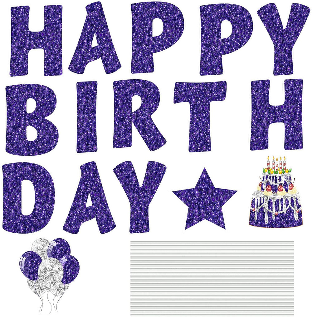 Jetec 18 Pcs Happy Birthday Yard Sign with Stakes and Light, Purple