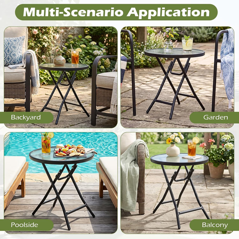 GIANTEX Round Folding Side Table, Patio Table w/Tempered Glass Tabletop