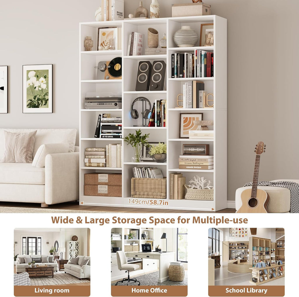 facbotall triple wide bookshelf, large bookshelf with 17 on a desk or shelf