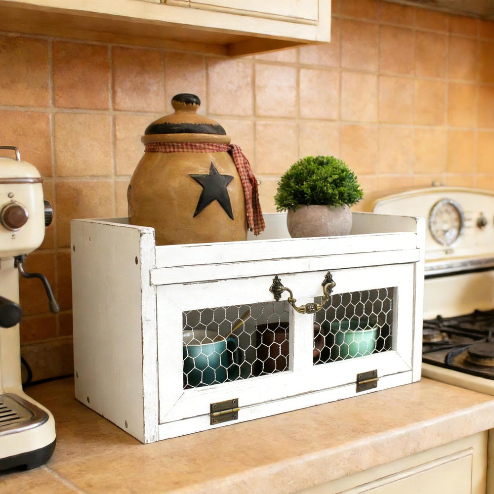 Farmhouse Countertop Storage Organizer, Rustic Wood Kitchen Cabinet with Chic...