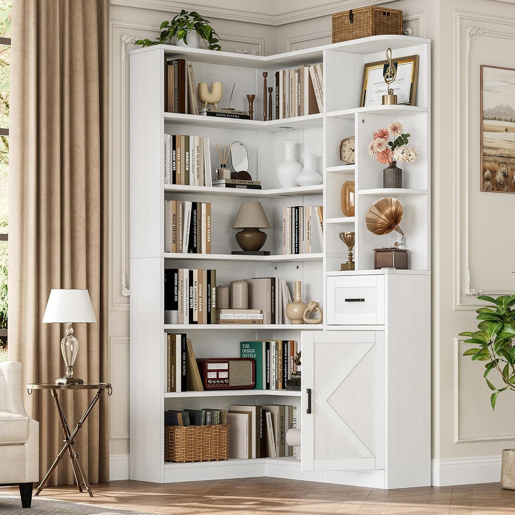 Garvee 74'' Tall Corner Bookshelf- 6-Tier Book Shelf with Drawer & Cabinet