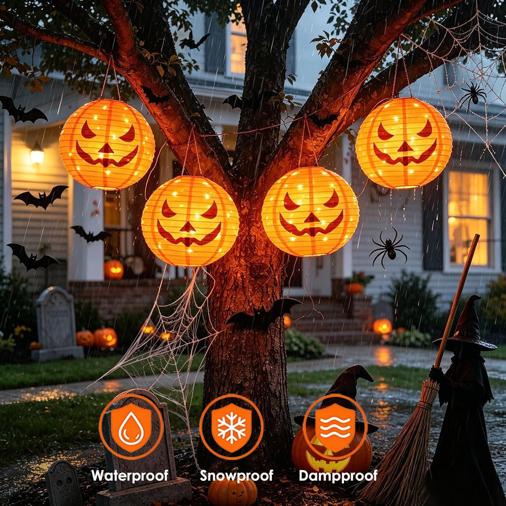 HUGSVIK 4Pcs Solar Pumpkin Lantern Outdoor Hanging Halloween Decorations