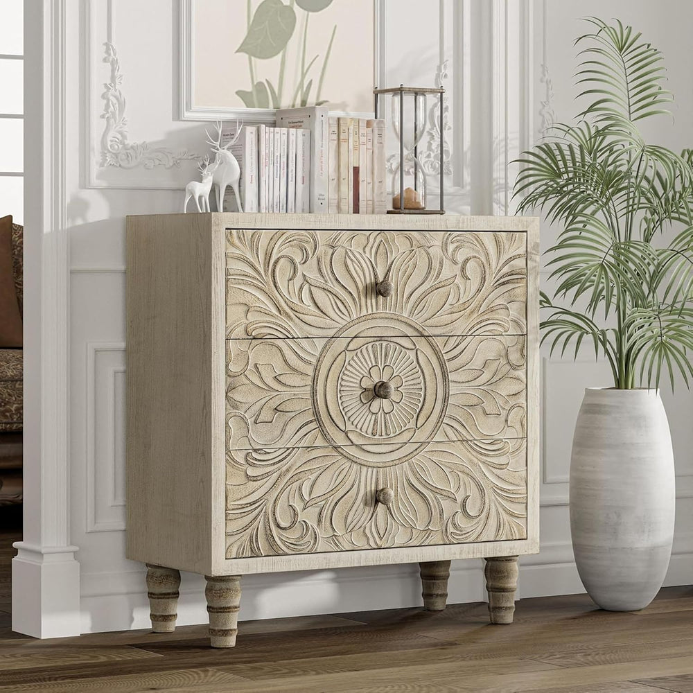 COZAYH 3-Drawer Bedroom Dresser with Carved Floral Front, Distressed Weathere...