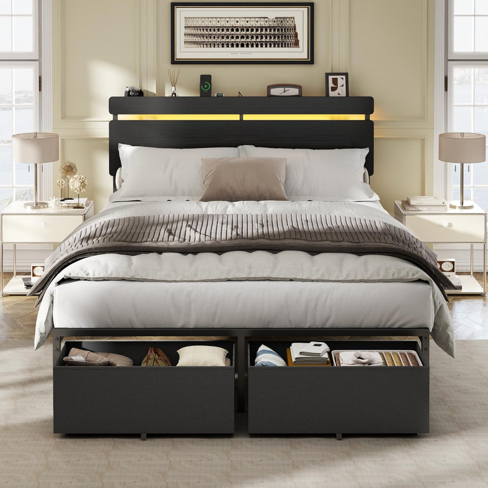 Forestell Full Size Bed Frame with Wood Headboard,2 Storage Drawers & Shelf
