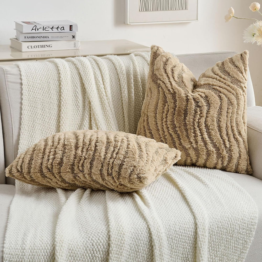 FUTEI Pack of 2 Faux Fur Throw Pillow Covers 20x20 Inch, Khaki