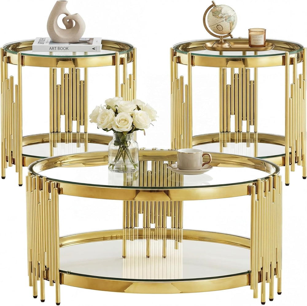 Round Glass Coffee Table Set of 3, Gold and Clear Modern Living Room Table Se...