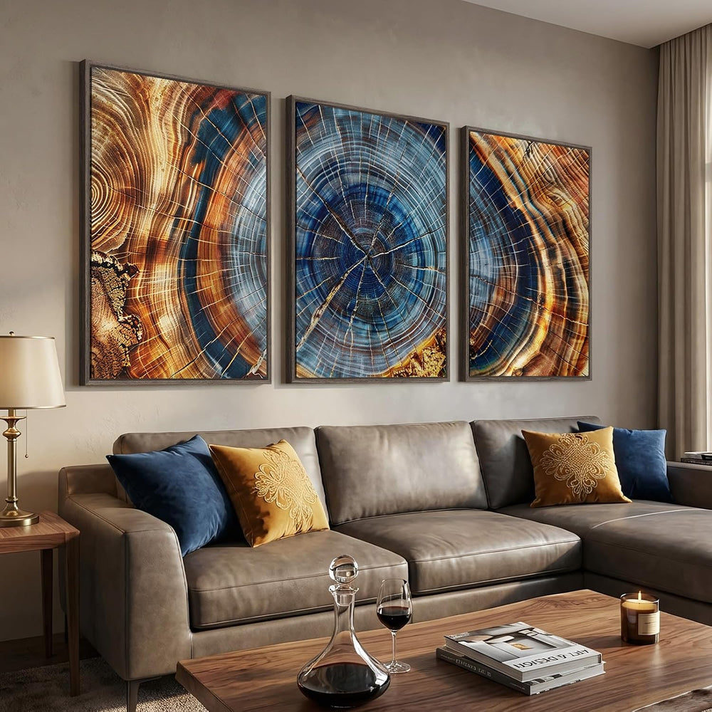 3 Piece Large Framed Colorful Tree Ring Wall Art for Living Room, 24x36 In