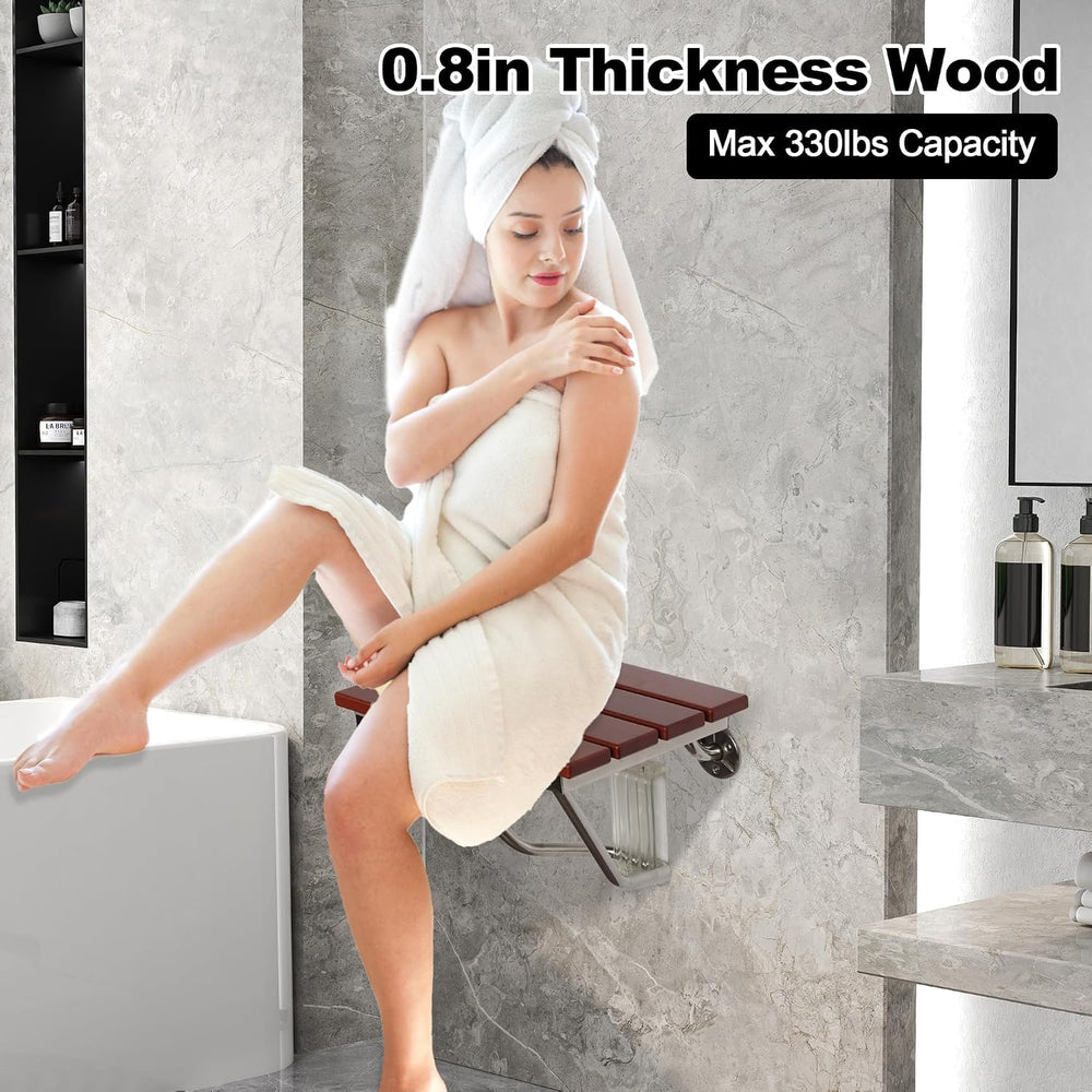 Folding Shower Seat Wall Mounted, Teak Wood, 15'' Foldable Shower Chair