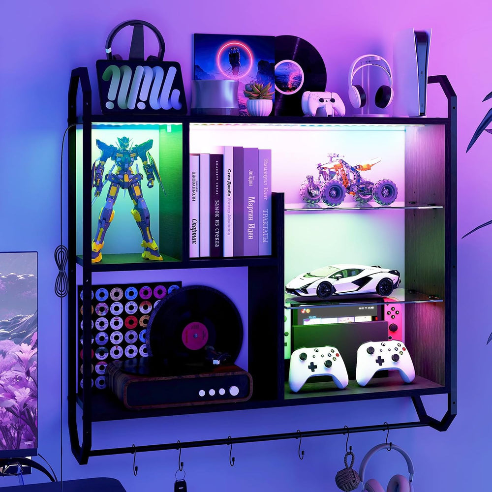 ELECWISH 34" Gaming Floating Shelves for Wall, LED Display Rack, Black