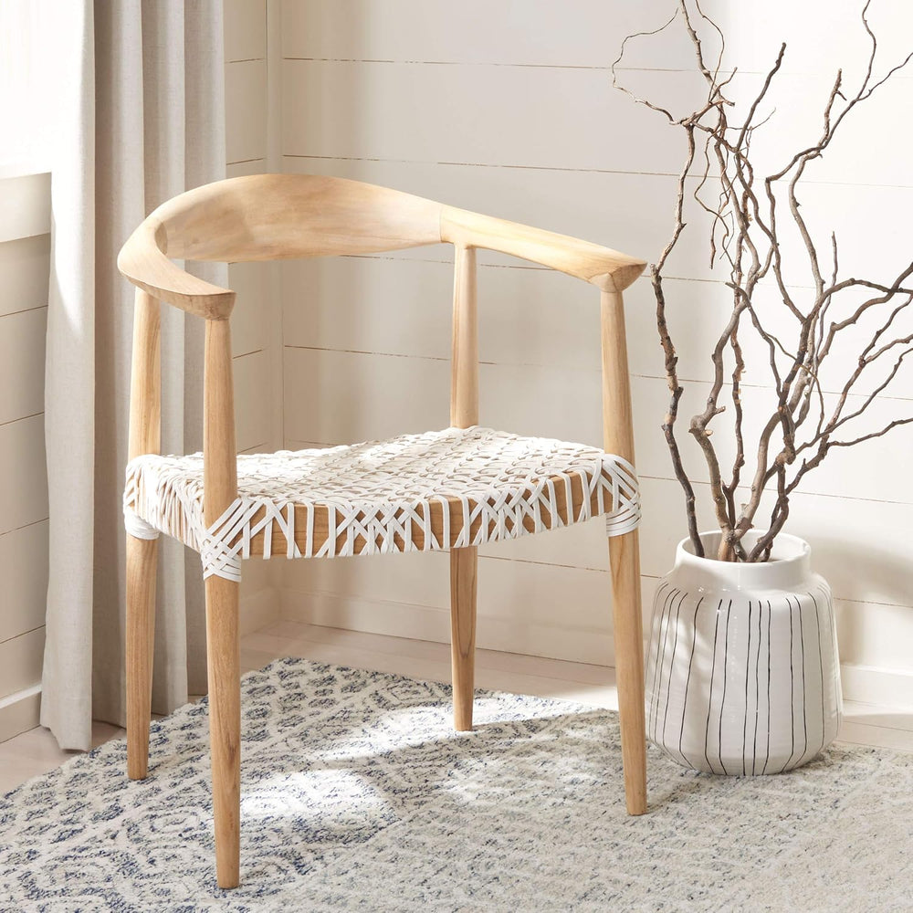 SAFAVIEH Home Collection – Wade Light Oak Teak Wood Arm Chair with Woven Leat...