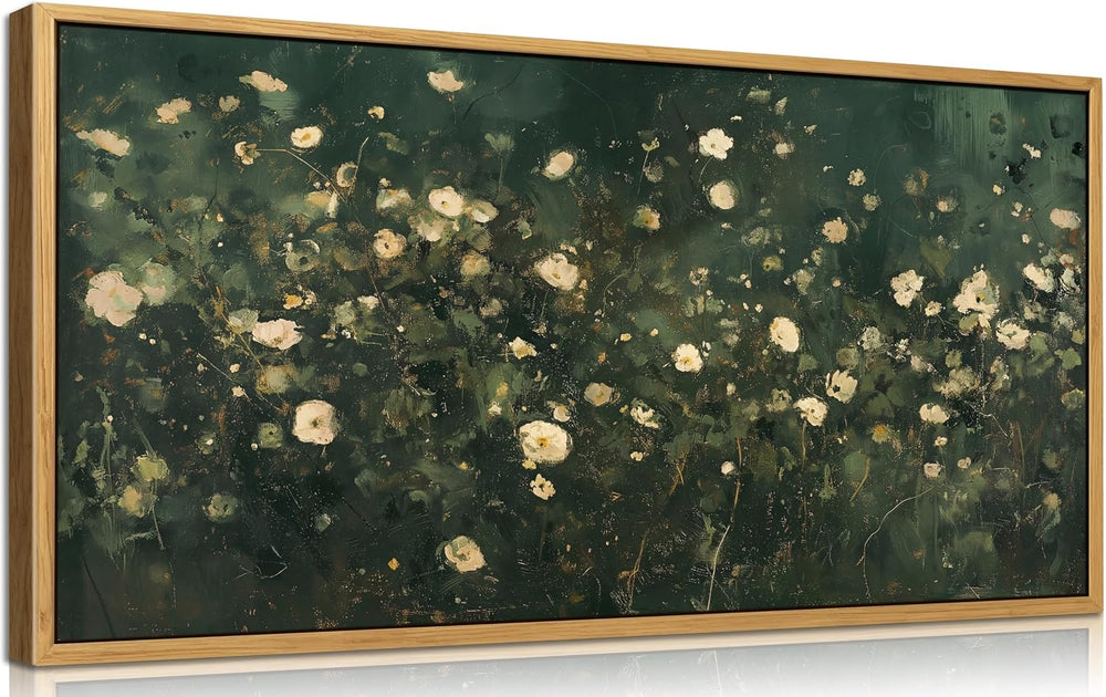 KIRFOLUC Large Abstract Floral Wall Art Dark Green White Botanical Wildflower...