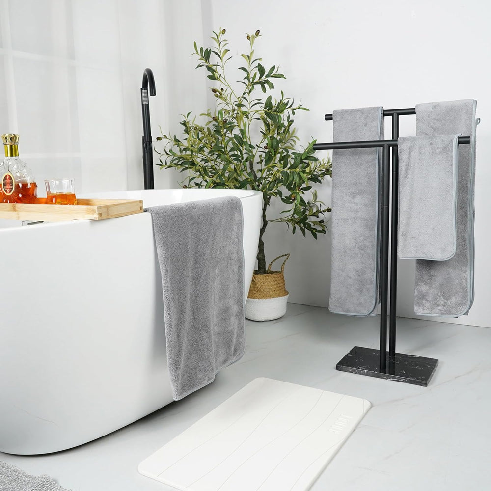 Free Standing Towel Rack - Matte Black Finish with Marble Base