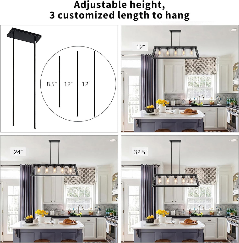 Dining Room Light Fixture, 5 Light, Black, Adjustable, Thickened, Trapezoid
