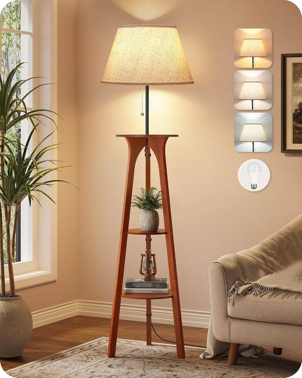 3 Tier Shelf Floor Lamps, Wood Tripod Floor Lamp, Linen Lampshade