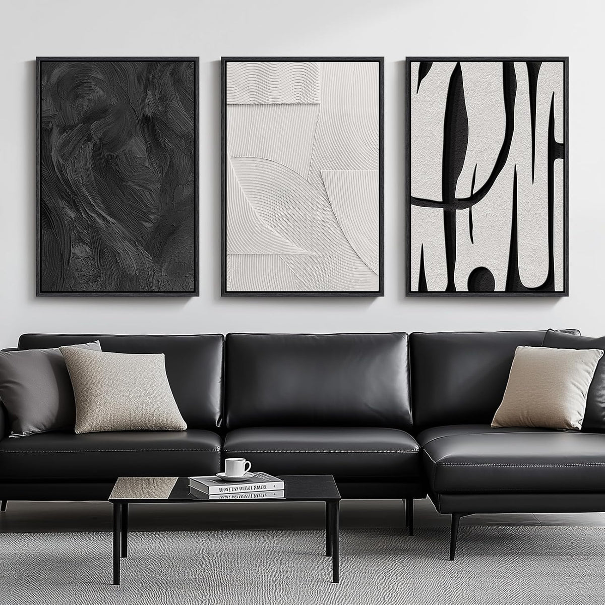 Framed Black and White Abstract Wall Art for Living Room, 3 Piece 24x36 In
