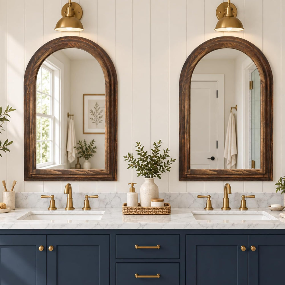 Perfnique Arched Bathroom Mirror, 36"x24" Solid Wood Frame Vanity M...