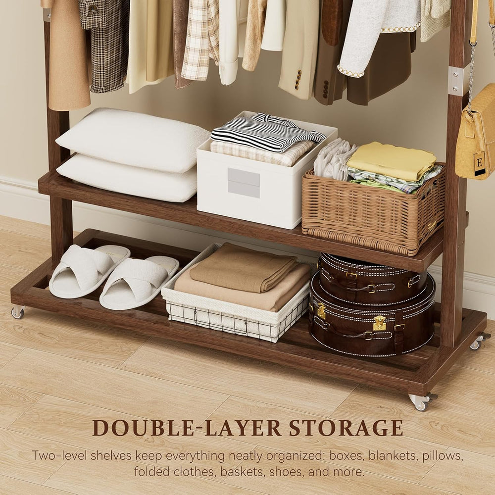 Wood Clothing Rack Solid Wood Clothes rack with Wheels 2 Shelves