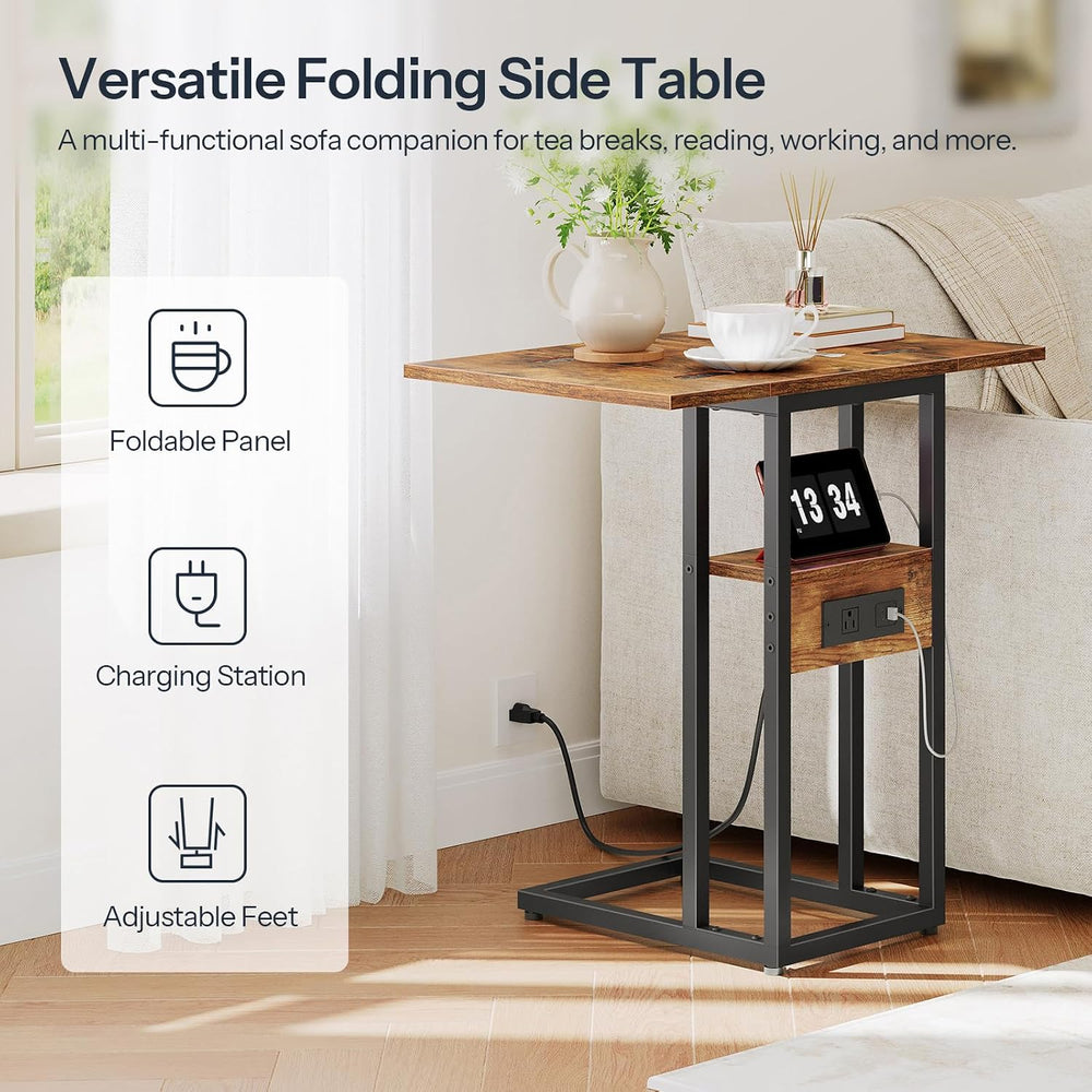 HOOBRO Foldable C Shaped End Table, Side Table with Charging Station