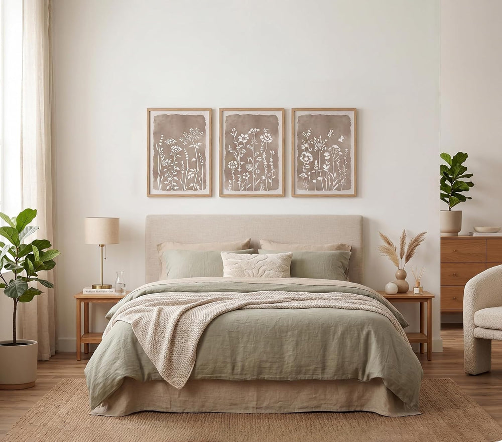 Neutral Floral Wall Art Set of 3, Brown Framed Botanical Canvas Prints