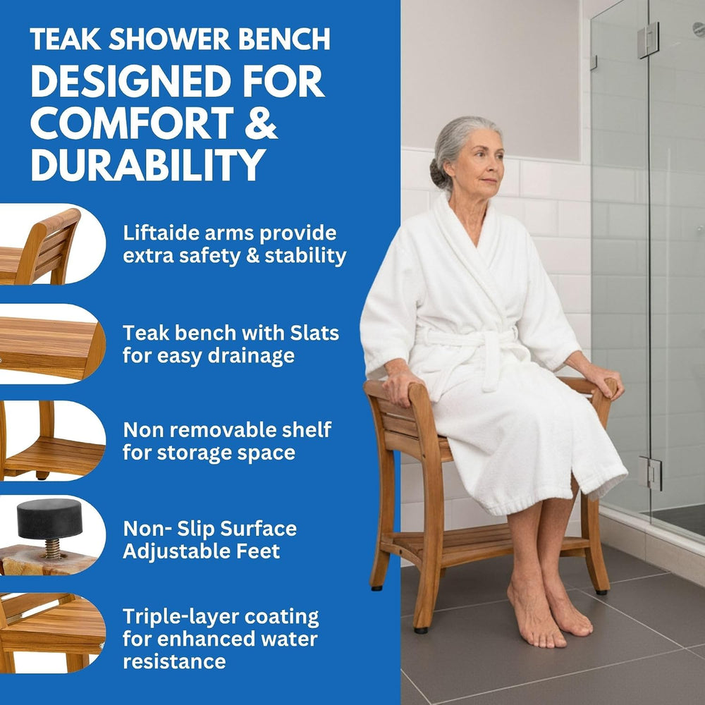 EcoDecors Symmetry 24-Inch Teak Shower Bench with Shelf