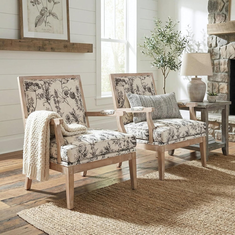 Modern Farmhouse Accent Chair, Wide Linen Upholstered Living Room Chair with ...
