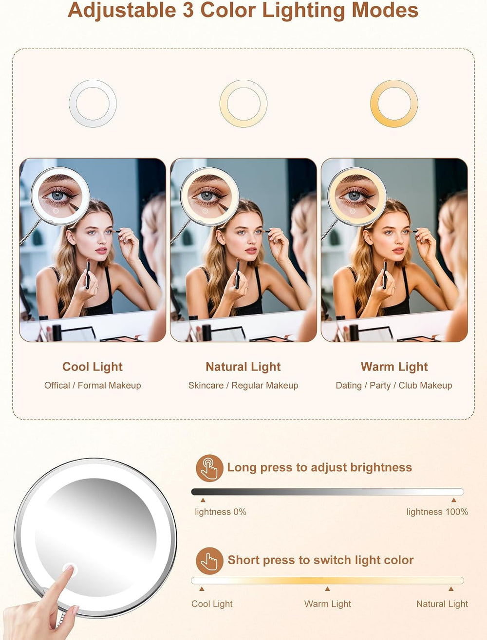 10x Magnifying Mirror with Light,Gooseneck Travel Make up Mirror 3 Lighting