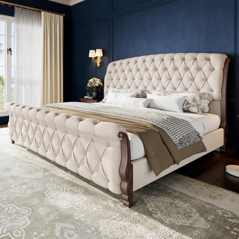 AMERLIFE King Sleigh Bed Frame, Upholstered Tufted Headboard, Cream