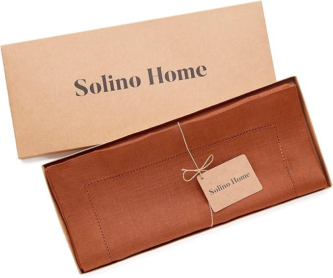 Solino Home Linen Cinnamon Table Runner 72 Inches Long - 100% Pure Linen Hemstitch Table Runner 14 x 72 Inch for Dresser, Dining, Fall, Autumn, Halloween, Thanksgiving - Classic Hemstitch