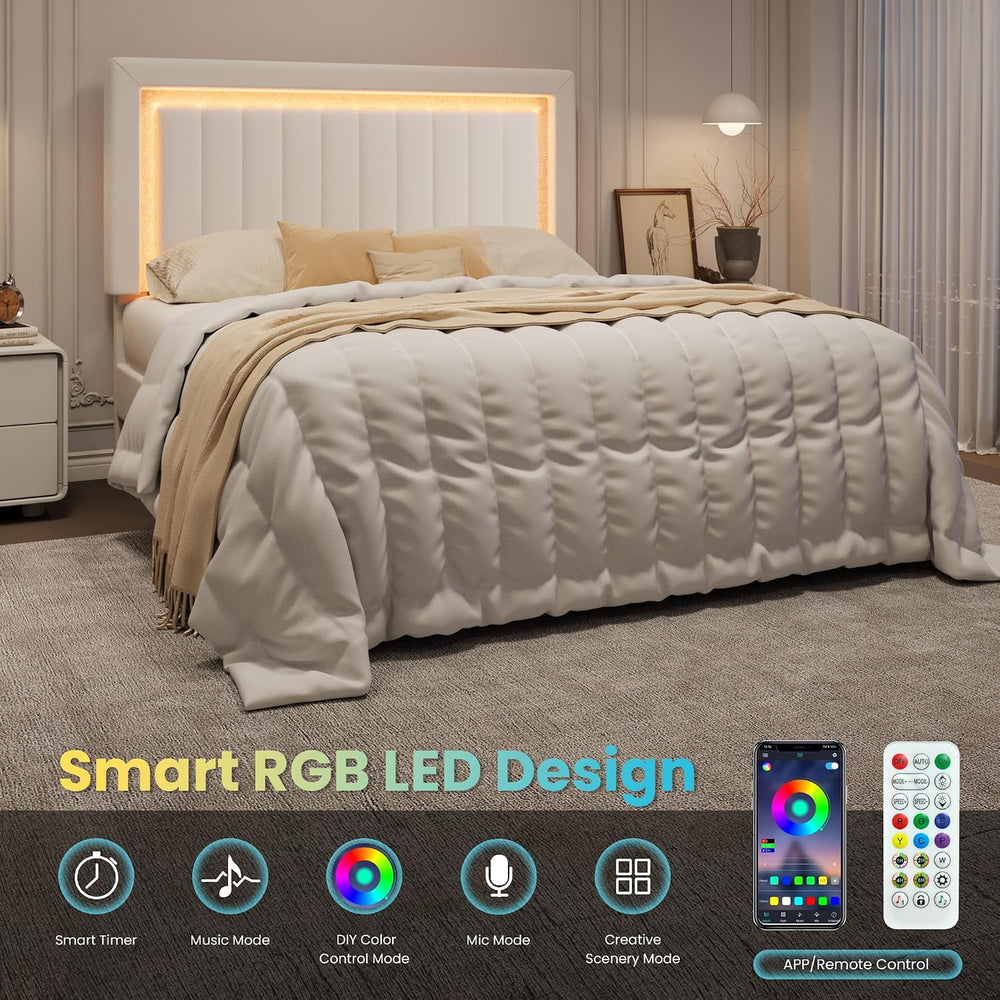 SHA CERLIN Full Size Velvet Bed Frame with LED Light, White