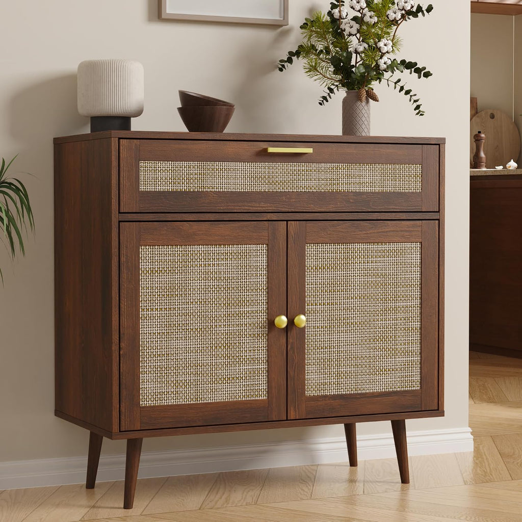 Furnify Rattan Sideboard Buffet, Boho Kitchen Cabinet with Drawer & 2 Doors, Modern Mid Century Accent Cabinet with Adjustable Shelf, Coffee Bar for Living Room, Entryway, Kitchen, Walnut