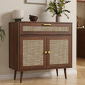 Furnify Rattan Sideboard Buffet, Boho Kitchen Cabinet with Drawer & 2 Doors, Modern Mid Century Accent Cabinet with Adjustable Shelf, Coffee Bar for Living Room, Entryway, Kitchen, Walnut