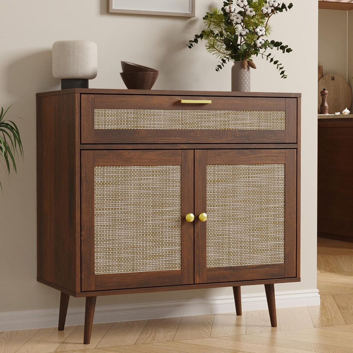 Furnify Rattan Sideboard Buffet, Boho Kitchen Cabinet with Drawer & 2 Doors, Modern Mid Century Accent Cabinet with Adjustable Shelf, Coffee Bar for Living Room, Entryway, Kitchen, Walnut