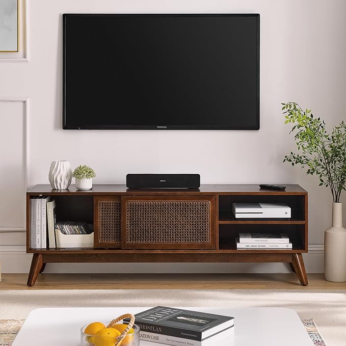 LKTART Boho Mid Century TV Stand,59" Rattan Entertainment Center,Media Console with Solid Wood Legs,Adjustable Feet & Divided Storage,TV Cabinet for 65 Inch TV,Dark Walnut