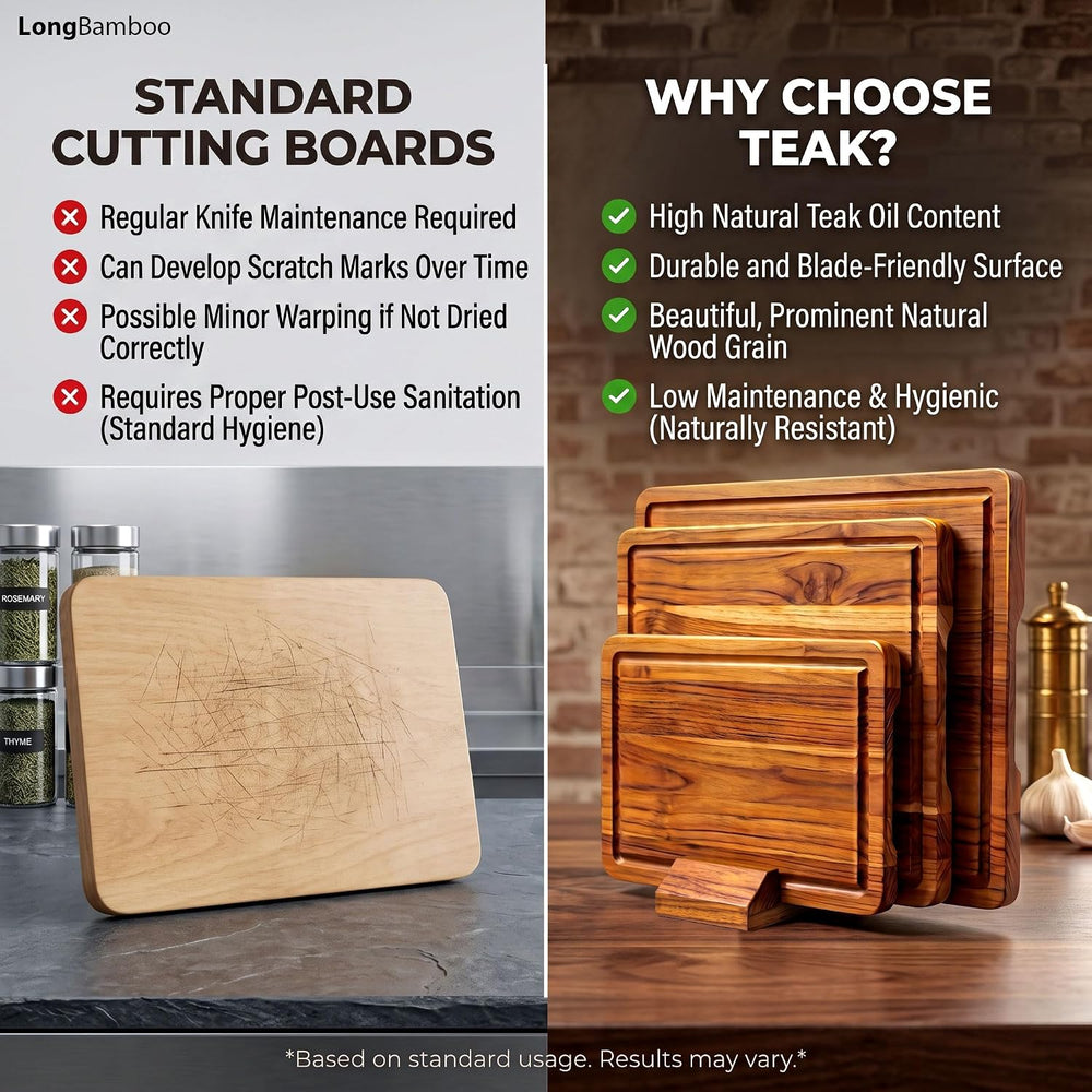 Teak Wood Cutting Boards for Kitchen, Cutting Board Set of 3 with Stand