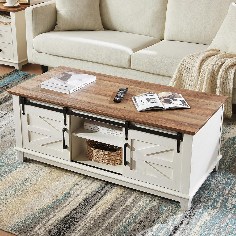 AMERLIFE 48" Farmhouse Coffee Table with Sliding Barn Doors, Rustic White