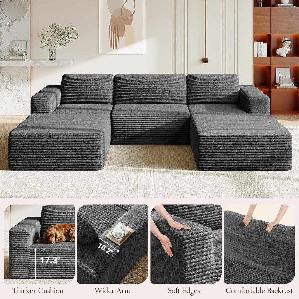 Vesgantti 119" Oversized U-Shaped Modular Sectional Sofa, Corduroy Cloud Couch with Deep Seating & Spring Support, Convertible Sofa with 2 Ottomans, Boneless Couch, No Assembly Required, Grey
