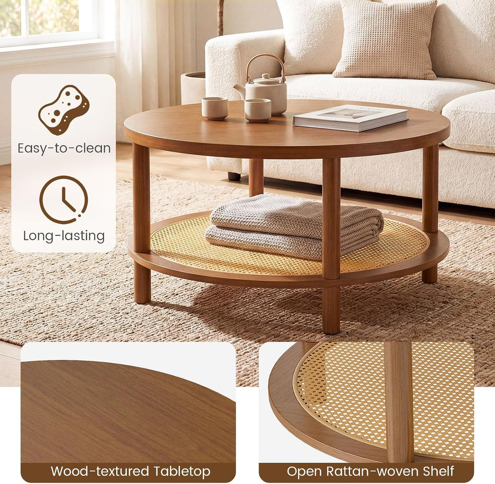 GIANTEX Rattan Coffee Table, 31.5" Round Center Table with Storage &...