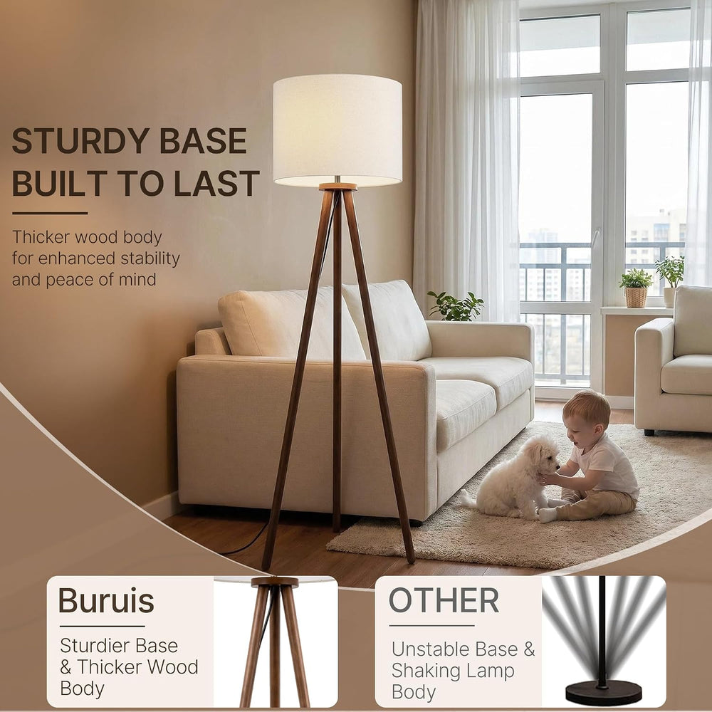 Buruis 60.6 Inch Walnut Wood Tripod Floor Lamp with Linen Drum Shade, Cream